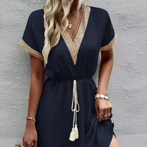 Navy Blue Casual Women's Stylish Summer V-Neck Fringed Belted Dress
